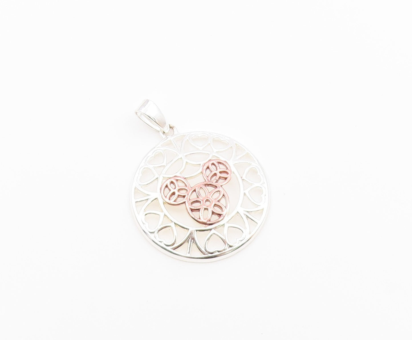 925 Silver   Vintage Two Tone Flower Peace & Love Heart Dome Pendant PT20601
