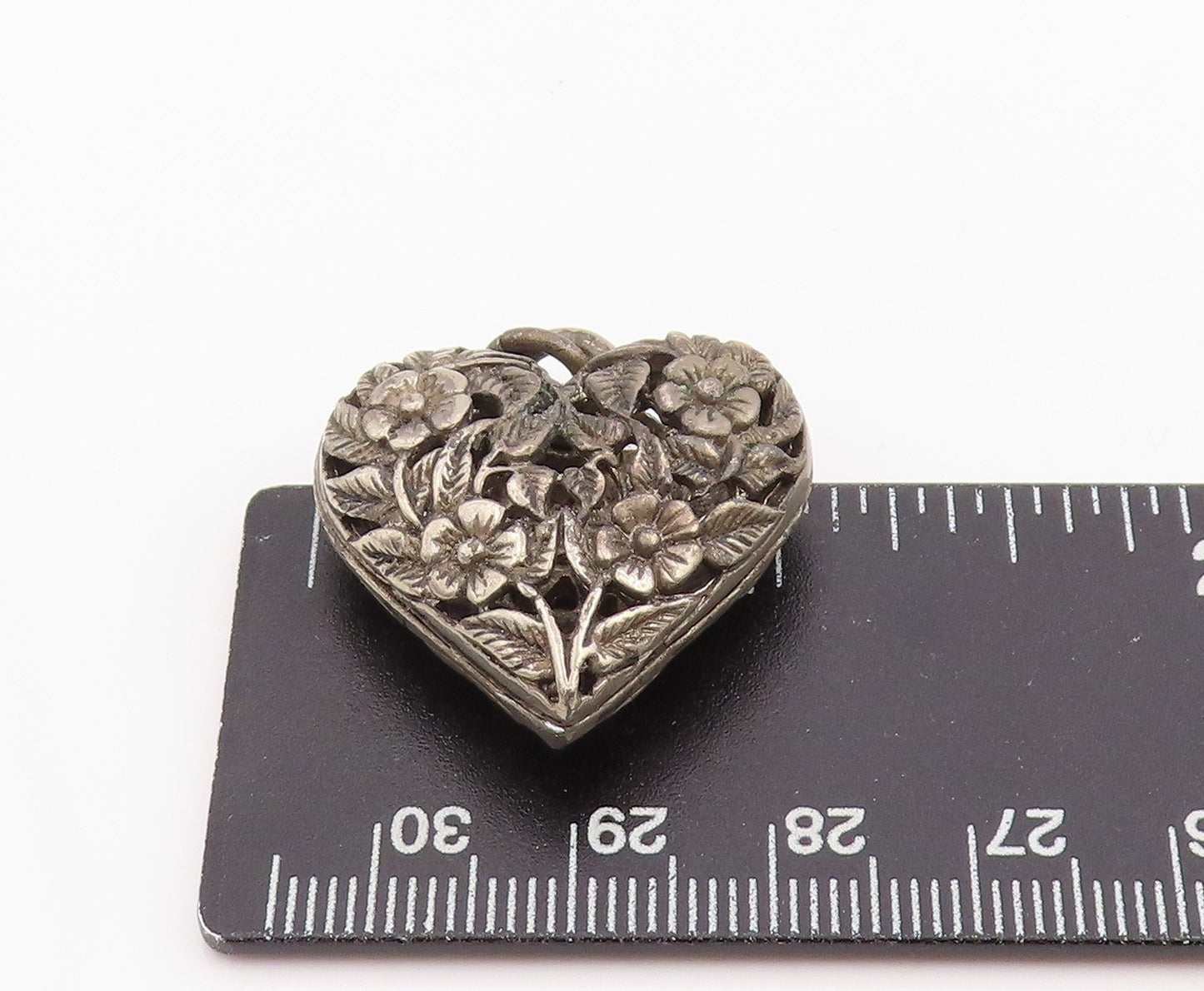 925 Sterling Silver Vintage Pendant Dark Tone Floral Cut Out Love Heart  PT25183
