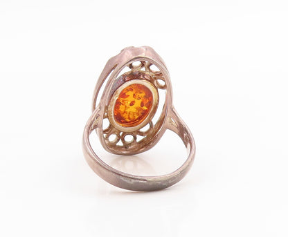 925 Sterling Silver Vintage Ring Cabochon Amber Circles Cutout Band Sz 7 RG35726