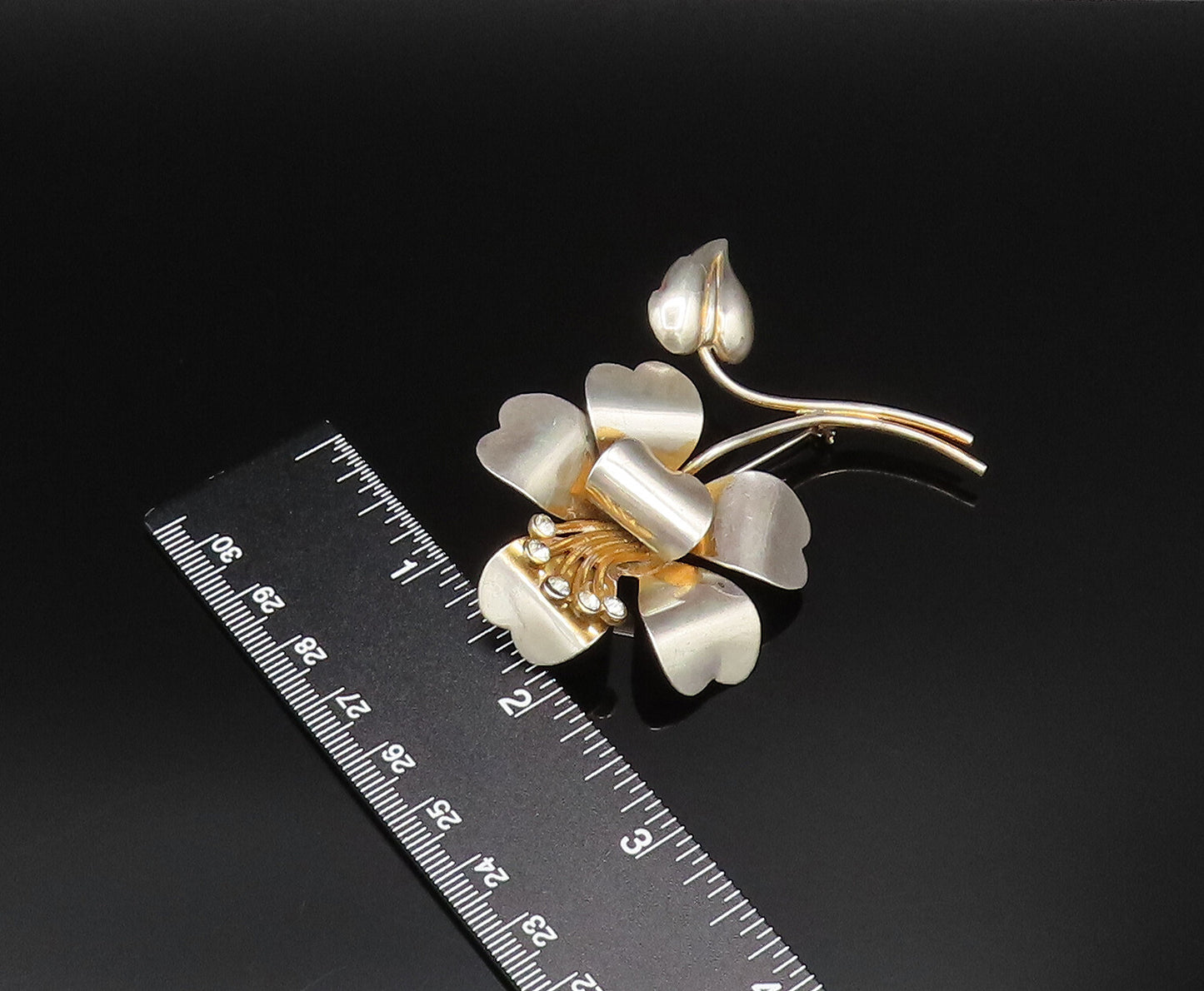 925 Silver  Vintage Two Tone Cubic Zirconia Stem Flower Brooch Pin  BP9914