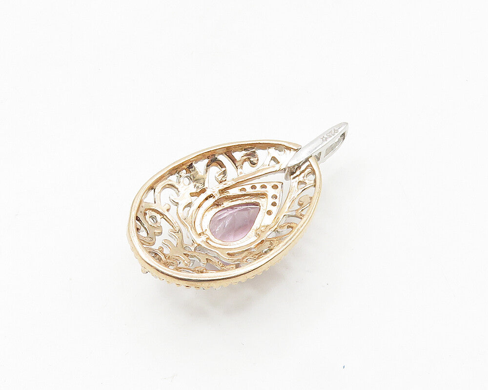 925 Sterling Silver  Amethyst & Topaz Two Tone Swirl Tear Drop Pendant PT14448