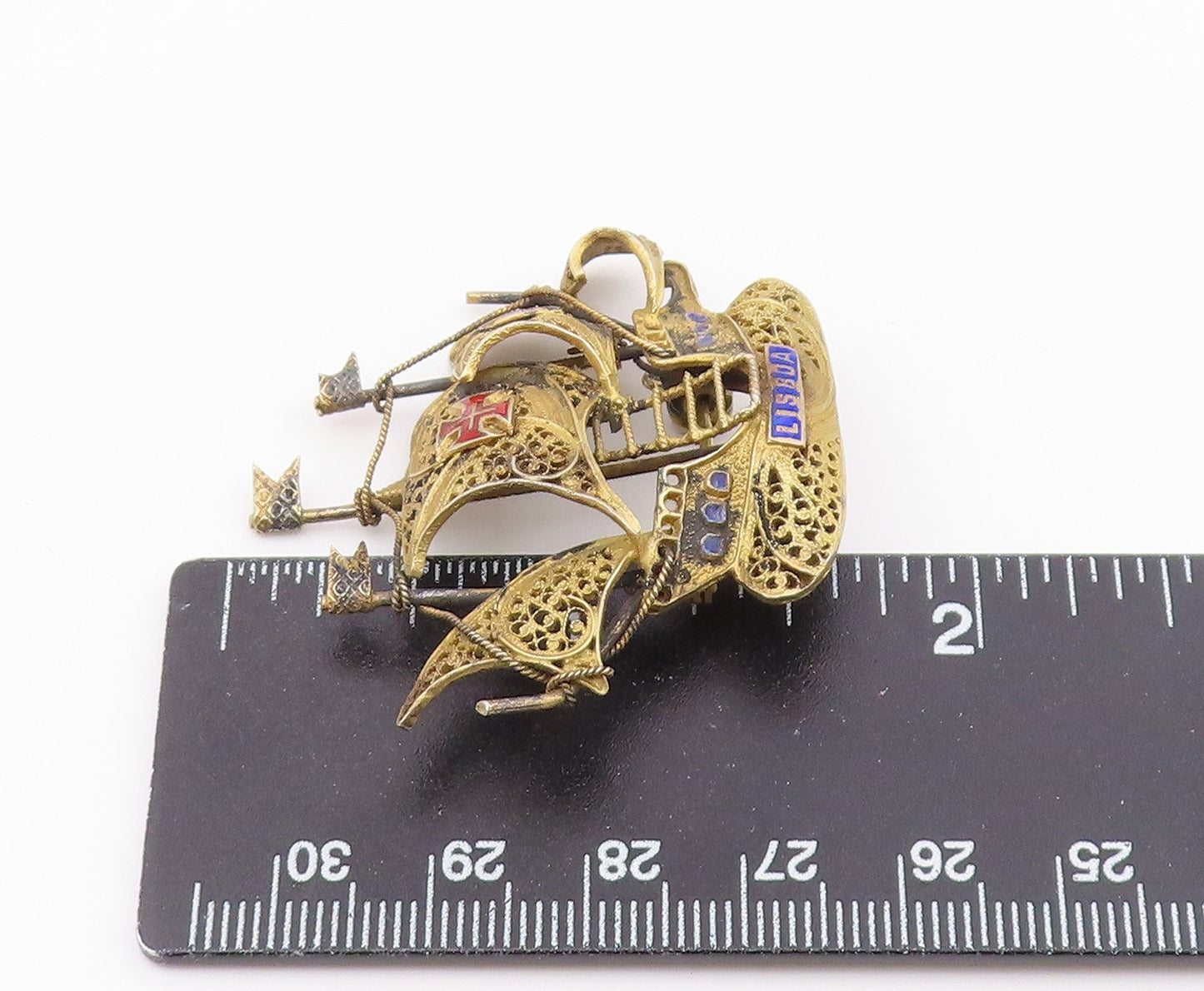 925 Sterling Silver  Vintage Antique Filigree Sailing Ship Brooch Pin  BP7896