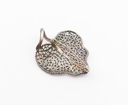 925 Sterling Silver  Vintage Beaded Edge Veined Love Heart Brooch Pin  BP9628