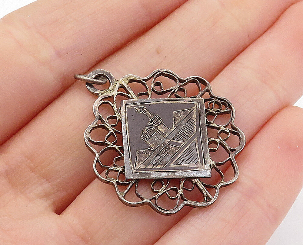 925 Sterling Silver  Vintage Antique Oxidized Etched Scene Pendant  PT3947