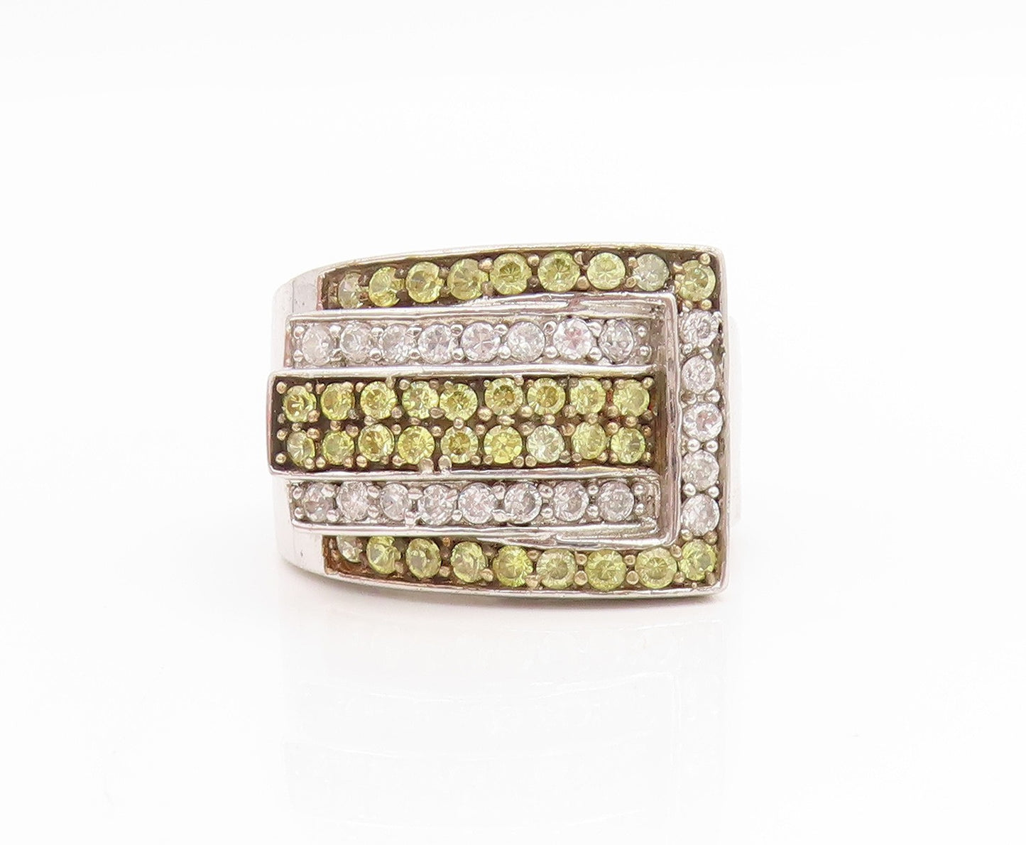 925 Sterling Silver Vintage Ring Sparkling CZ Belt Buckle Band  Sz 8.5  RG34438