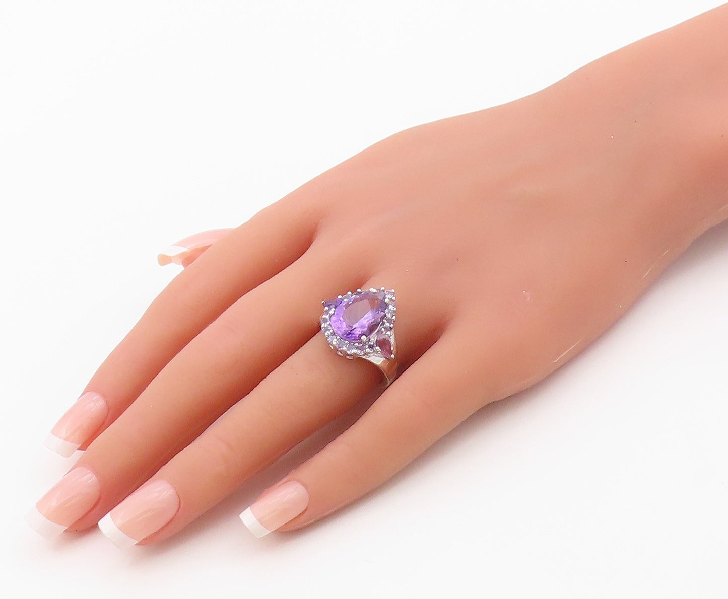 925 Sterling Silver Vintage Ring Pear Cut Amethyst Statement Band  Sz 7  RG36378