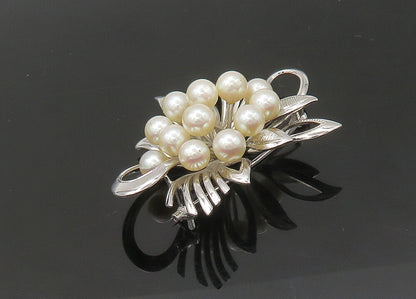 925 Sterling Silver  Vintage Shiny Pearl Cluster Ribbon Brooch Pin  BP8686