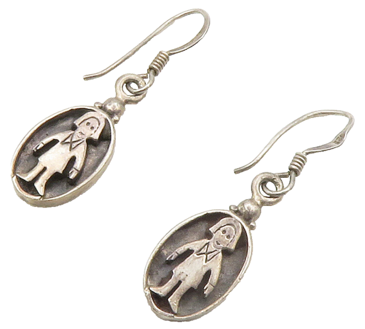 925 Sterling Silver  Vintage Little Girl Oval Dark Tone Dangle Earrings EG7605