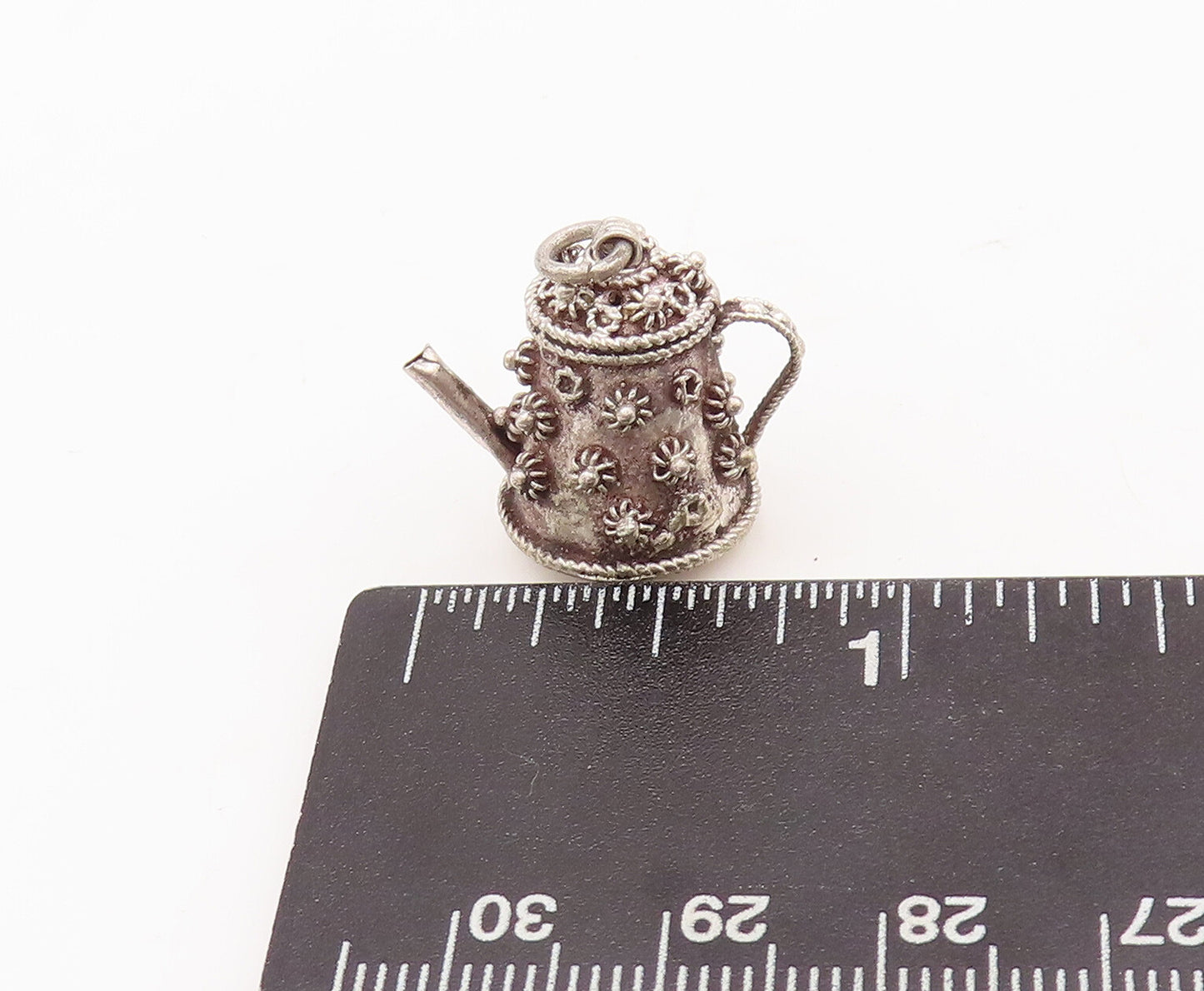 925 Sterling Silver Vintage Pendant Solid Coiled Floral Carved Tea Pot  PT23163