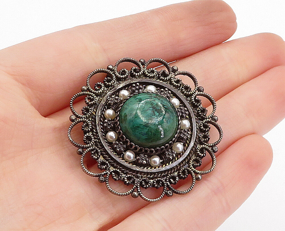 ISRAEL 925 Sterling Silver  Vintage Eilat & Petite Pearls Brooch Pin  BP1412