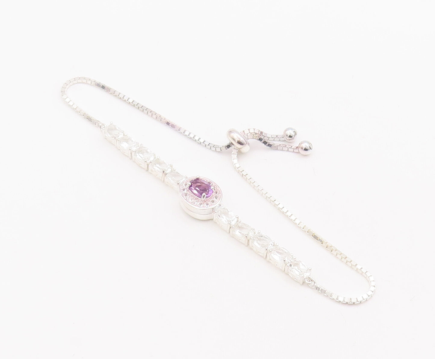 925 Sterling Silver Vintage Bracelet Oval Cut Amethyst & Topaz Band  BT10523