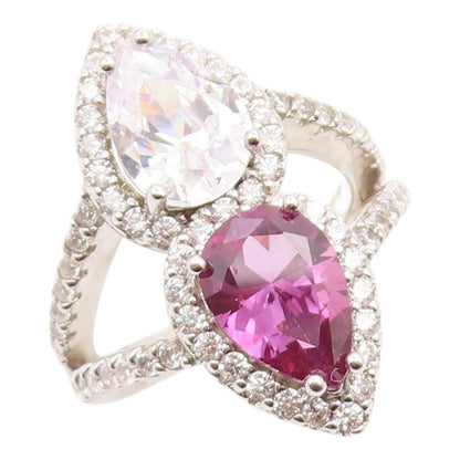 925 Sterling Silver Vintage Ring Elegant Pear Cut Amethyst & CZ  Sz 7  RG35834
