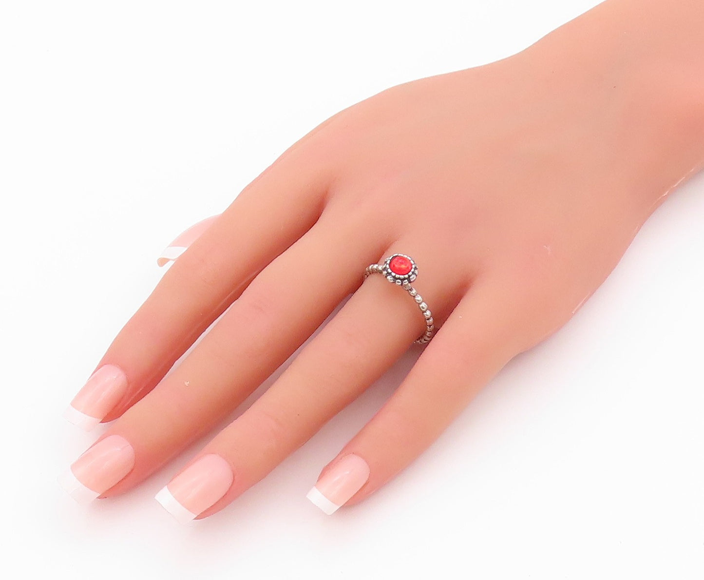 925 Sterling Silver Vintage Ring Red Cabochon Gemstone Flower  SZ 8  RG32236