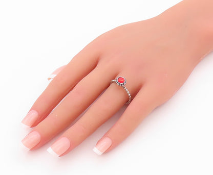 925 Sterling Silver Vintage Ring Red Cabochon Gemstone Flower  SZ 8  RG32236