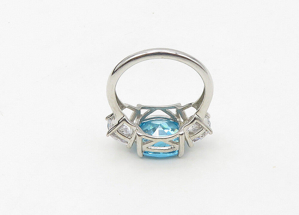 925 Silver  Vintage Blue Topaz & Cubic Zirconia Shiny Band Ring Sz 7  RG21519