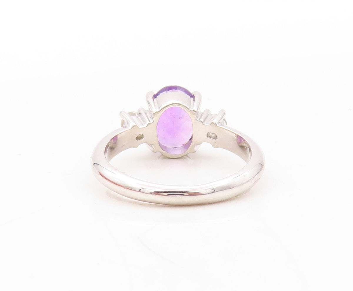 925 Sterling Silver Vintage Ring Oval Cut Amethyst CZ Side Stones  Sz 7  RG30686