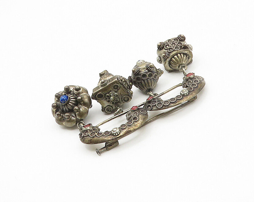 925 Silver  Vintage Antique Turquoise & Lapis Lazuli Floral Brooch Pin  BP6875