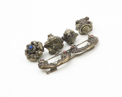925 Silver  Vintage Antique Turquoise & Lapis Lazuli Floral Brooch Pin  BP6875