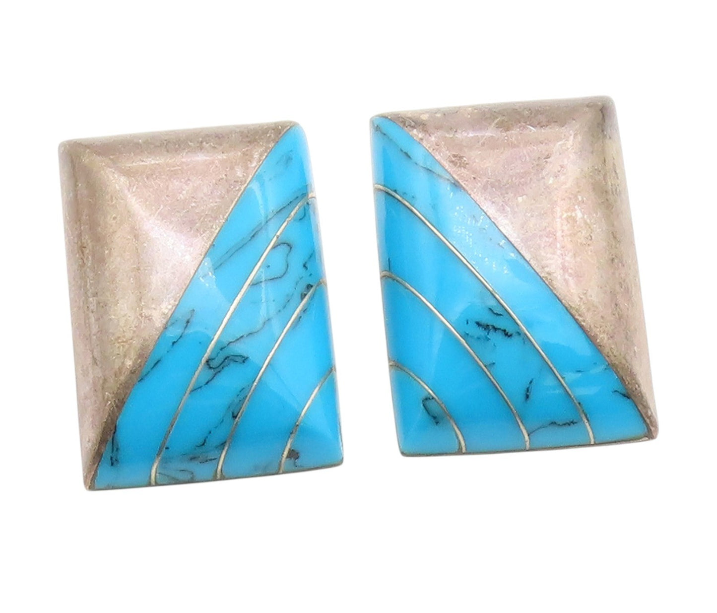 925 Sterling Silver Vintage Earrings MEXICO Turquoise Geometric Inlay  EG13894