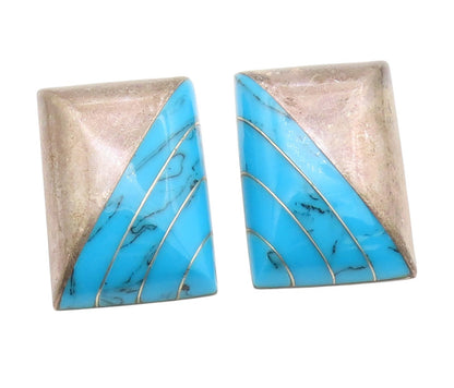 925 Sterling Silver Vintage Earrings MEXICO Turquoise Geometric Inlay  EG13894