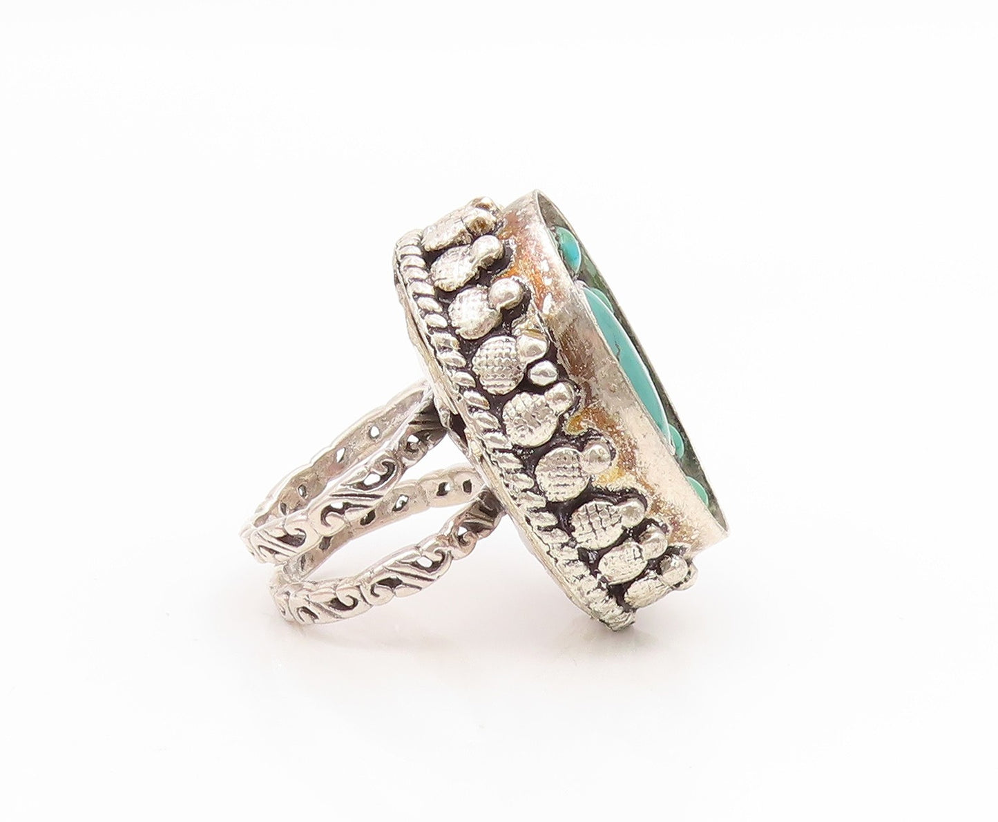 925 Sterling Silver Vintage Ring SARDA Turquoise Scrollwork Band  Sz 5  RG35173