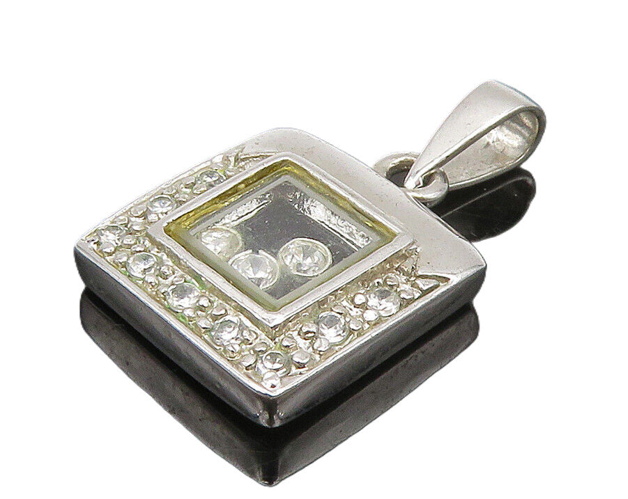 925 Sterling Silver  Shiny Cubic Zirconia Petite Square Drop Pendant  PT12560
