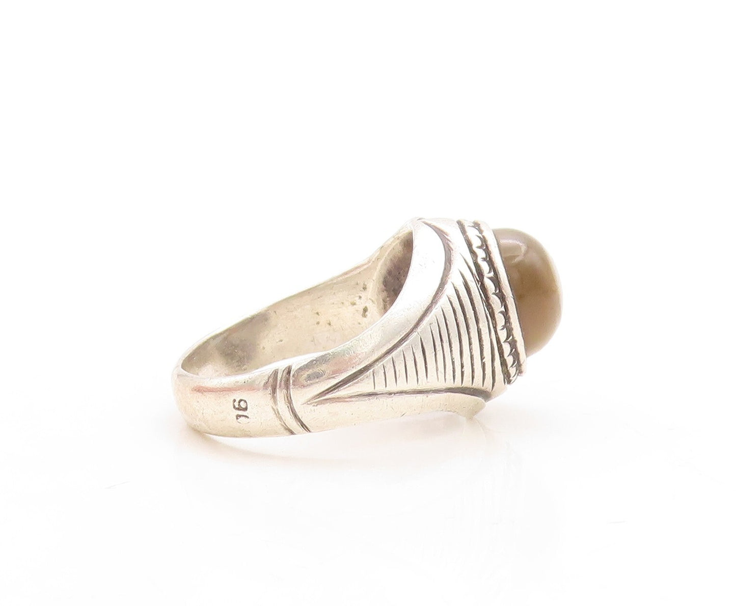 925 Sterling Silver Vintage Ring Antique Etched Gemstone Inlay  Sz 7.5  RG31537