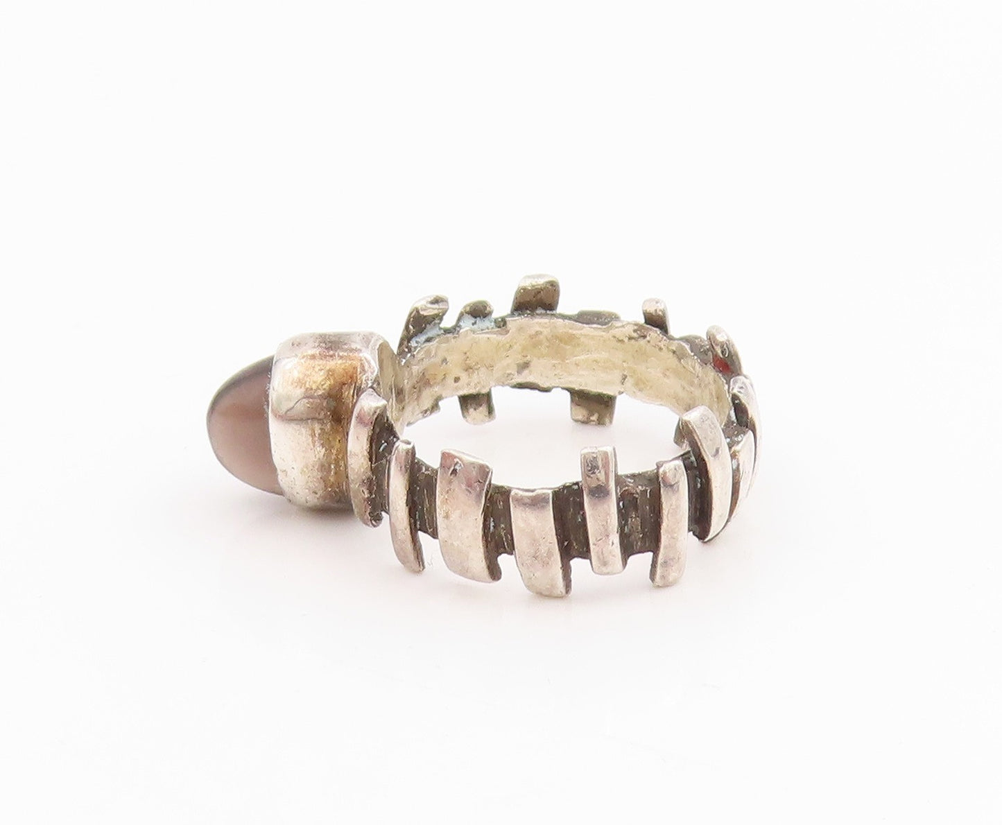 925 Sterling Silver Vintage Ring Cabochon Onyx Ribbed Design Band  Sz 5  RG33843