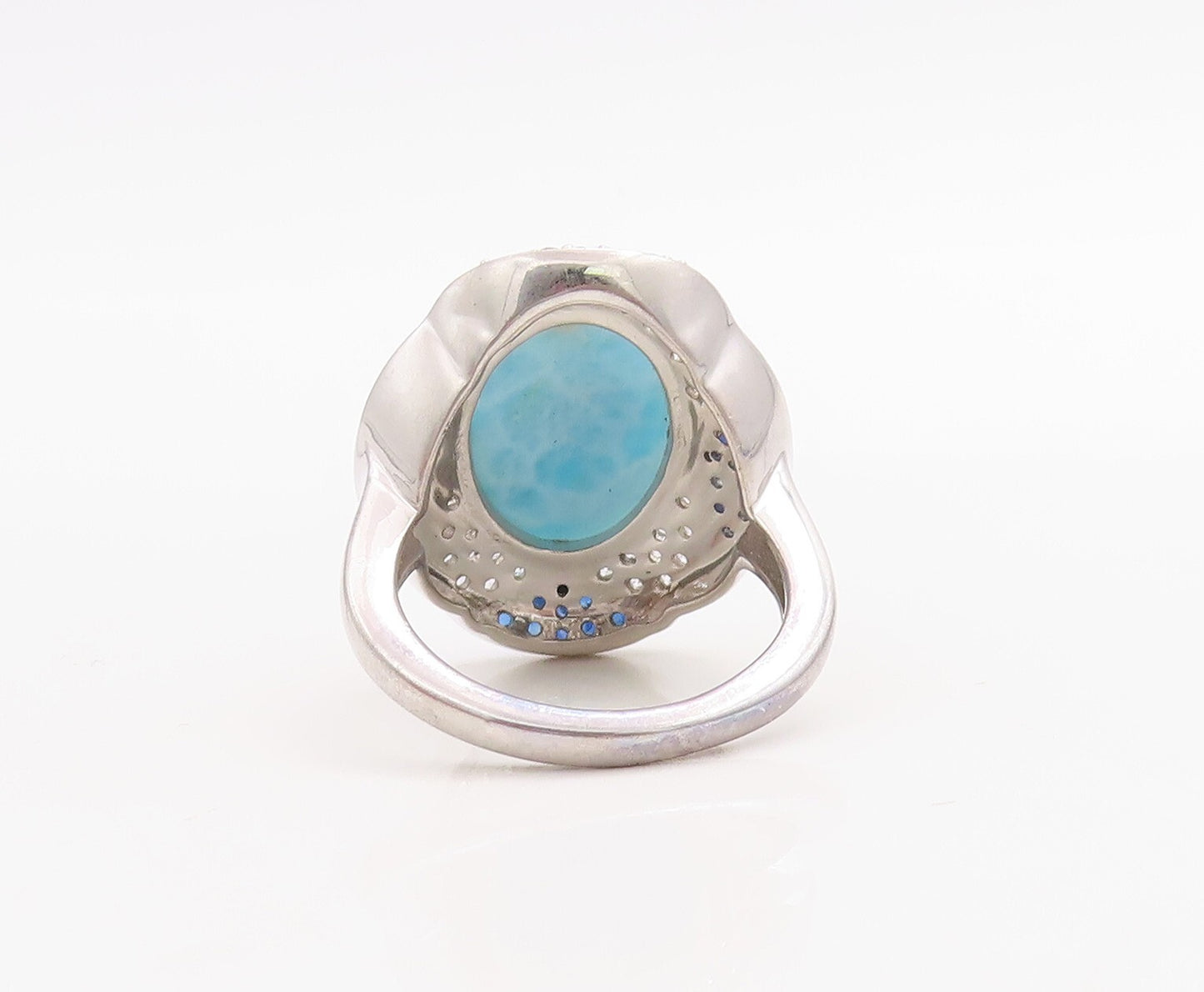925 Sterling Silver Vintage Ring Larimar Halo Sapphire & CZ Inlay Sz 7  RG30733