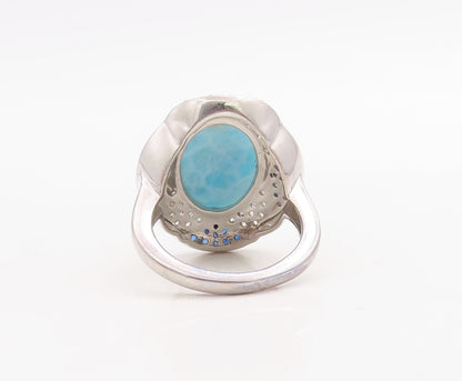 925 Sterling Silver Vintage Ring Larimar Halo Sapphire & CZ Inlay Sz 7  RG30733
