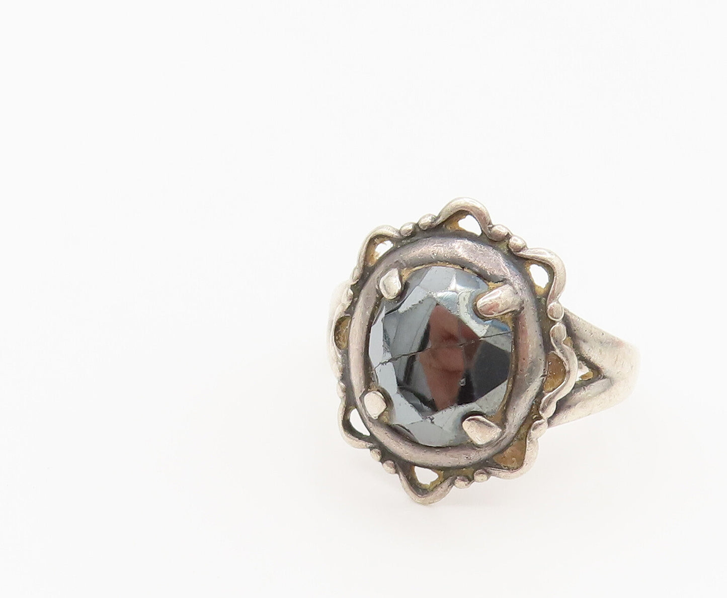 POST BELL 925 Silver  Vintage Star Edge Faceted Hematite Ring Sz 6  RG26258