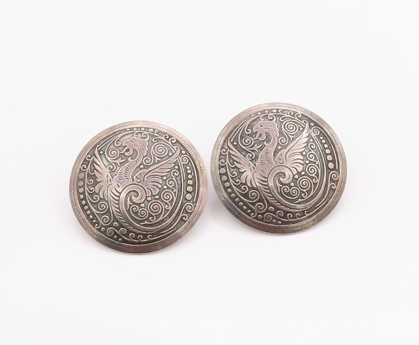 925 Sterling Silver Vintage Earrings Dark Tone Celtic Dragon Medallions  EG13690