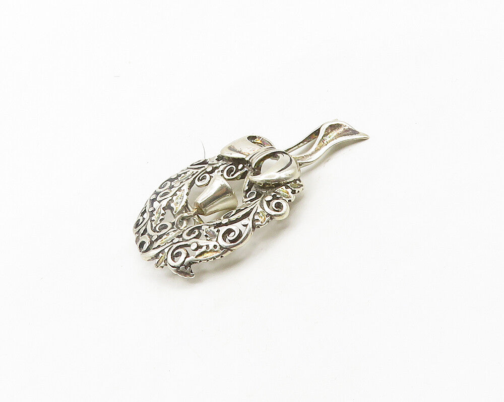 925 Sterling Silver  Vintage Shiny Floral Wreath Ribbon Bow Brooch Pin  BP7478