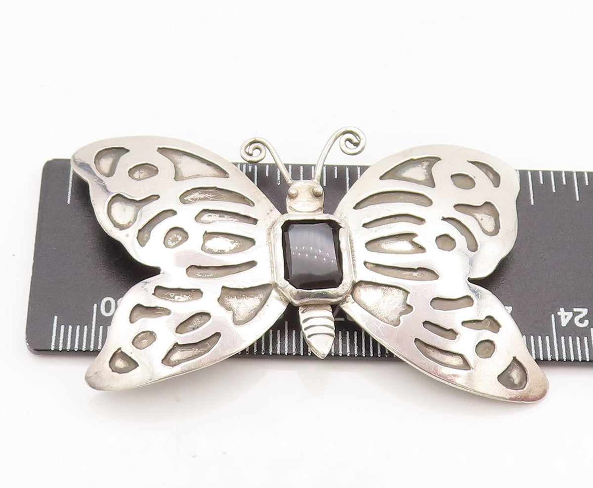 925 Sterling Silver  Vintage Lab Spinel Onyx Butterfly Brooch Pin  BP10518