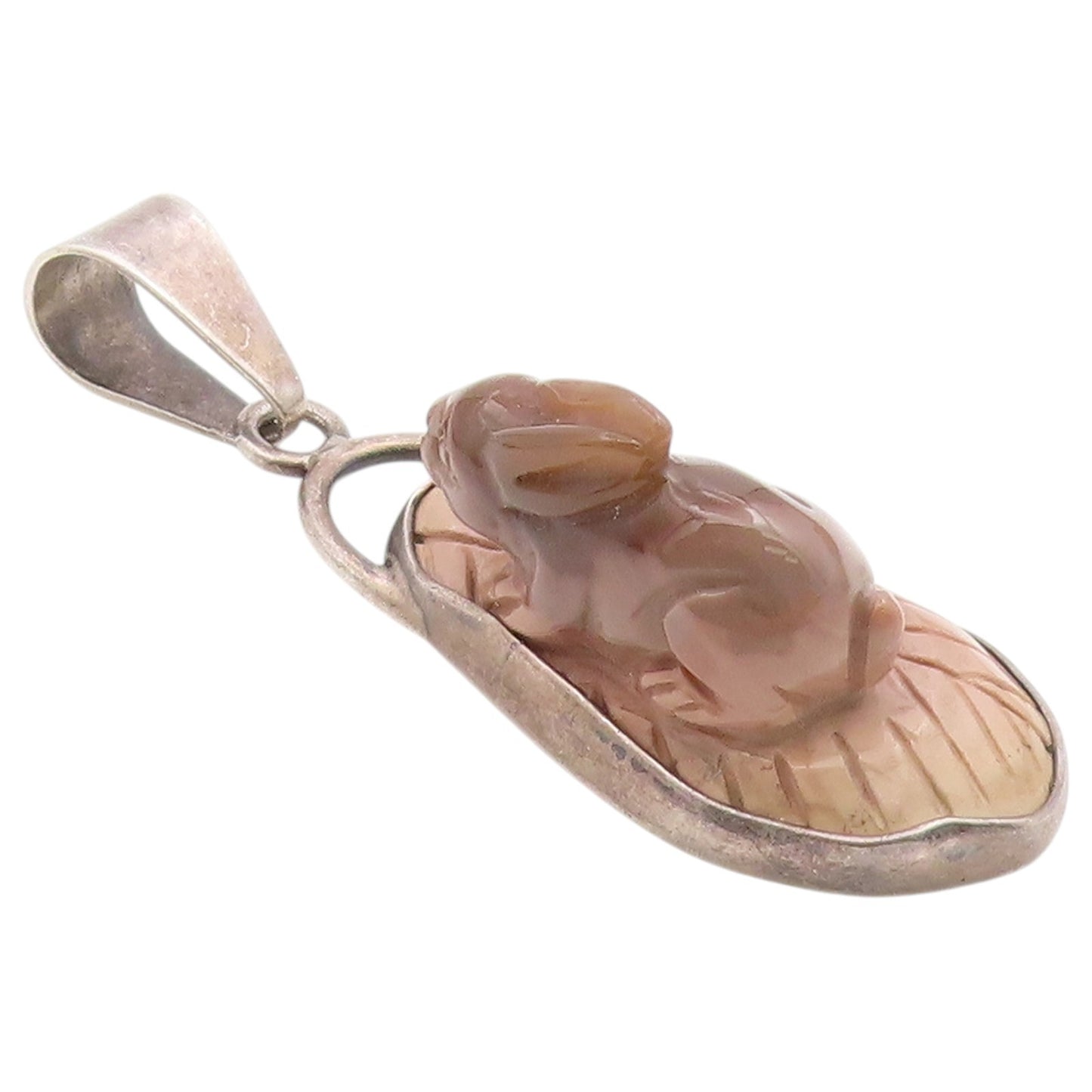 925 Sterling Silver Vintage Pendant OBSIDIAN Jasper Carved Rabbit  PT26371