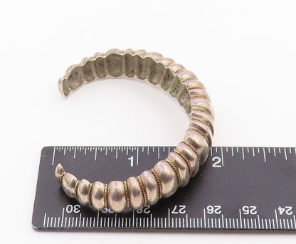 14k Gold & 925 Sterling Silver Vintage Bracelet Chunky Fluted Dome Cuff  BT12143