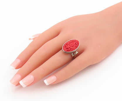 925 Sterling Silver Vintage Ring SAJEN Carved Red Floral Band  Sz 7.5  RG34641