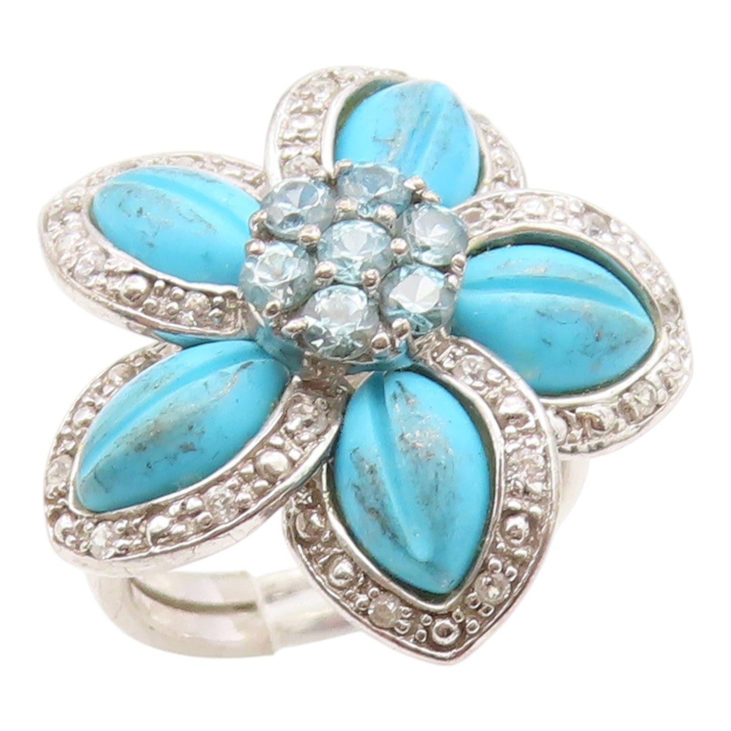 925 Sterling Silver Vintage Ring Real Diamonds & Topaz Floral Petal Sz 7 RG35237