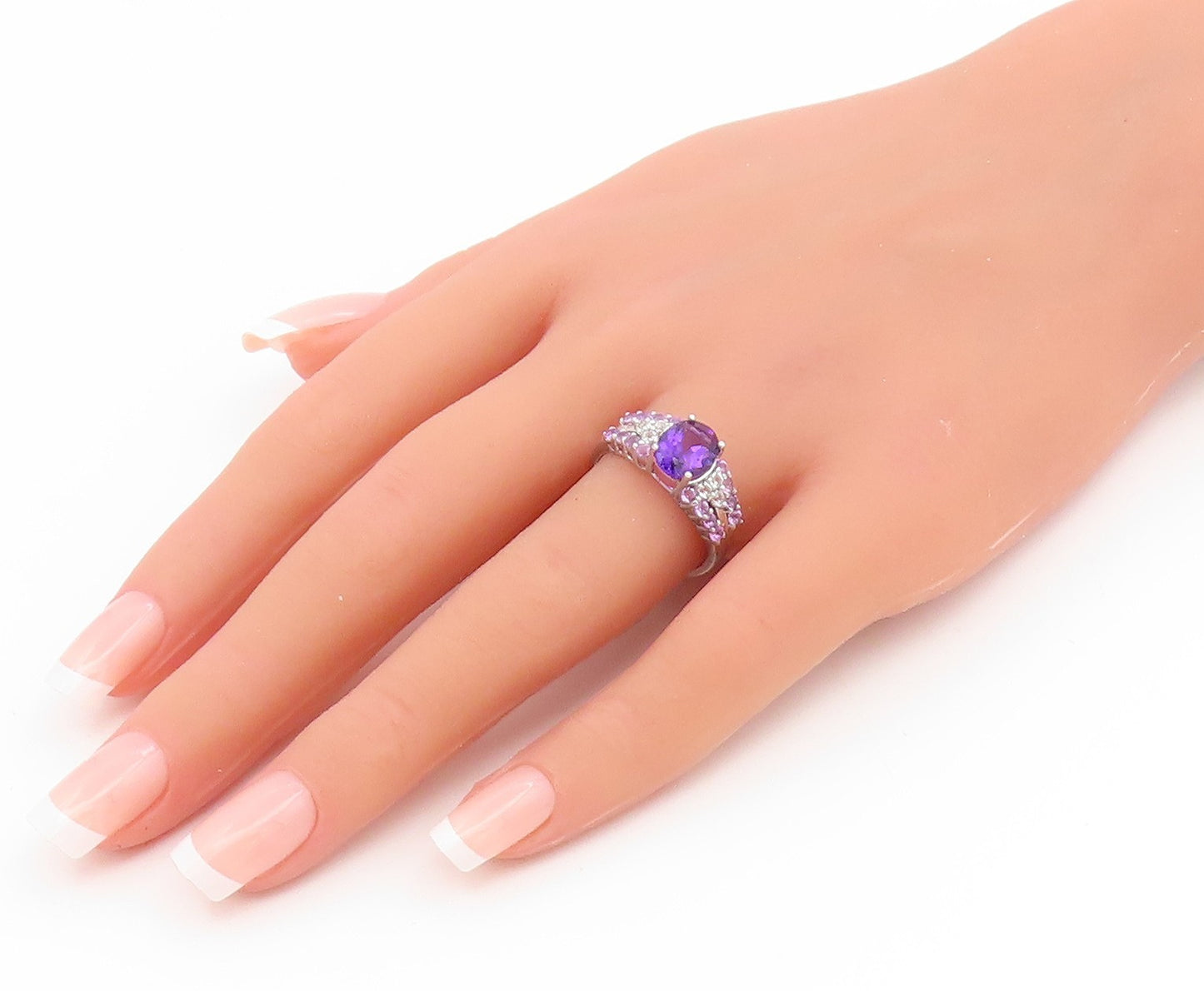 925 Sterling Silver Vintage Ring Oval Cut Amethyst Statement Band  Sz 8  RG35081