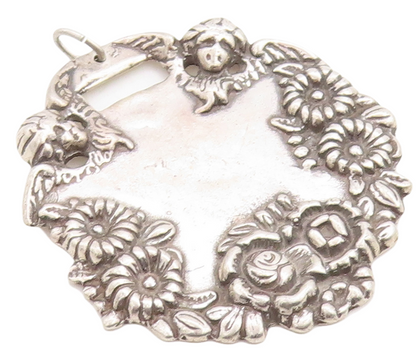 925 Sterling Silver Vintage Pendant Dark Tone Floral Border Carved  PT23735