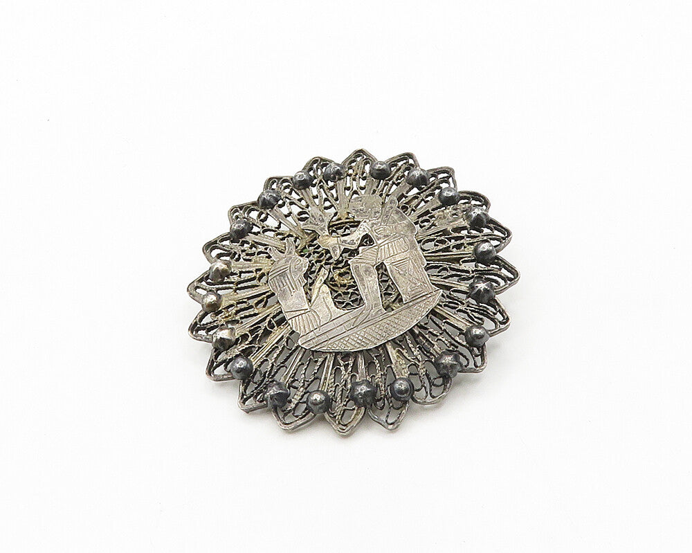 925 Sterling Silver  Vintage Antique Filigree Flower Motif Brooch Pin  BP7697