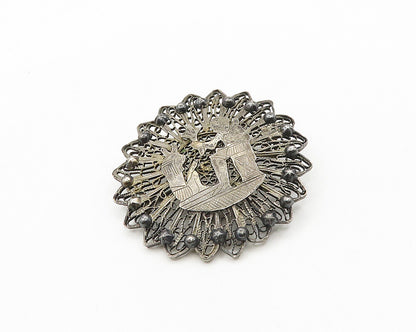 925 Sterling Silver  Vintage Antique Filigree Flower Motif Brooch Pin  BP7697
