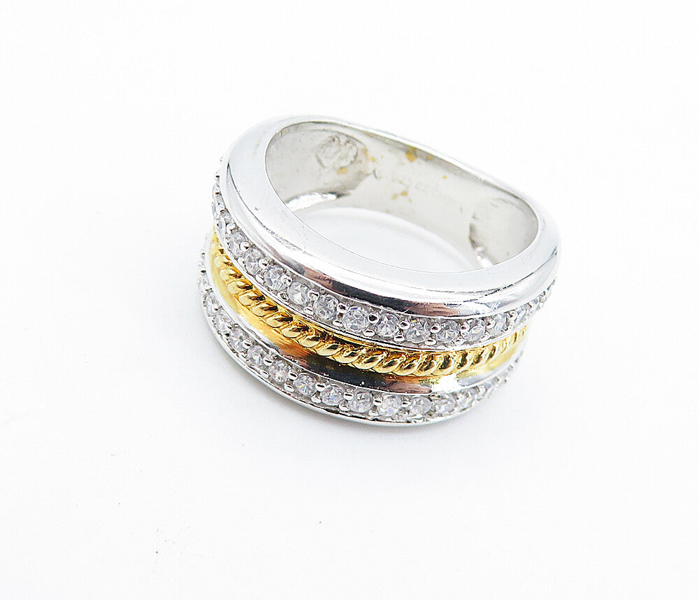 925 Sterling Silver  Cubic Zirconia Two Tone Shiny Twist Band Ring Sz 7 RG6571