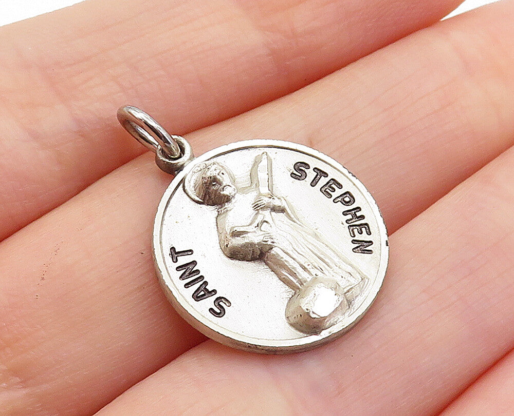925 Sterling Silver  Vintage Saint Stephen Stamped Round Drop Pendant  PT4207