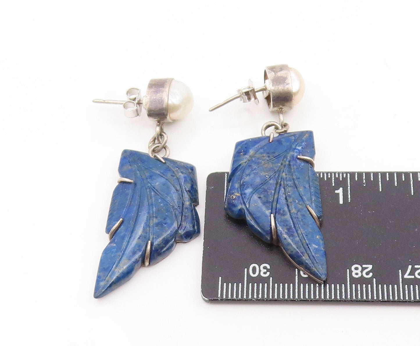 925 Sterling Silver Vintage Earrings JAIN ALOK Pearl Carved Lapis Lazuli EG14172