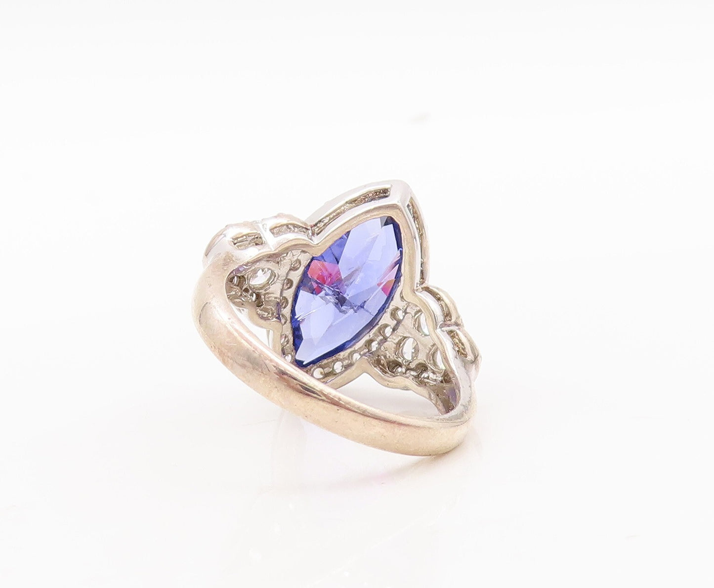 925 Sterling Silver Vintage Ring Marquise Cut Sapphire CZ Inlay  Sz 7.5  RG29750