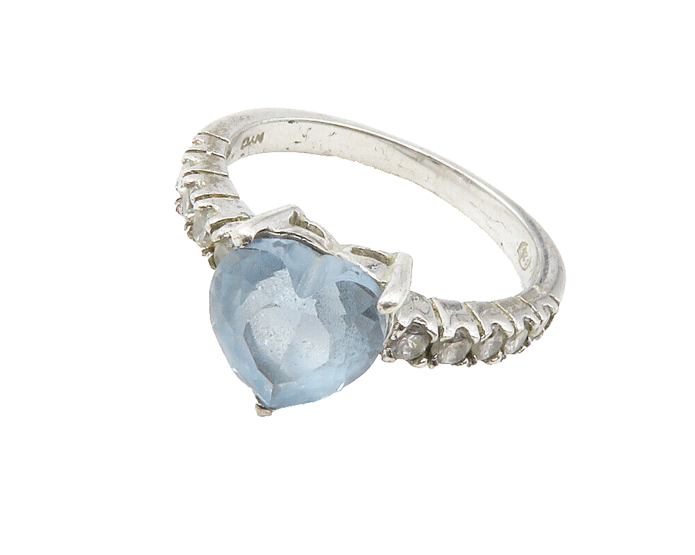 925 Sterling Silver  Blue & White Topaz Love Heart Band Ring Sz 7  RG12563