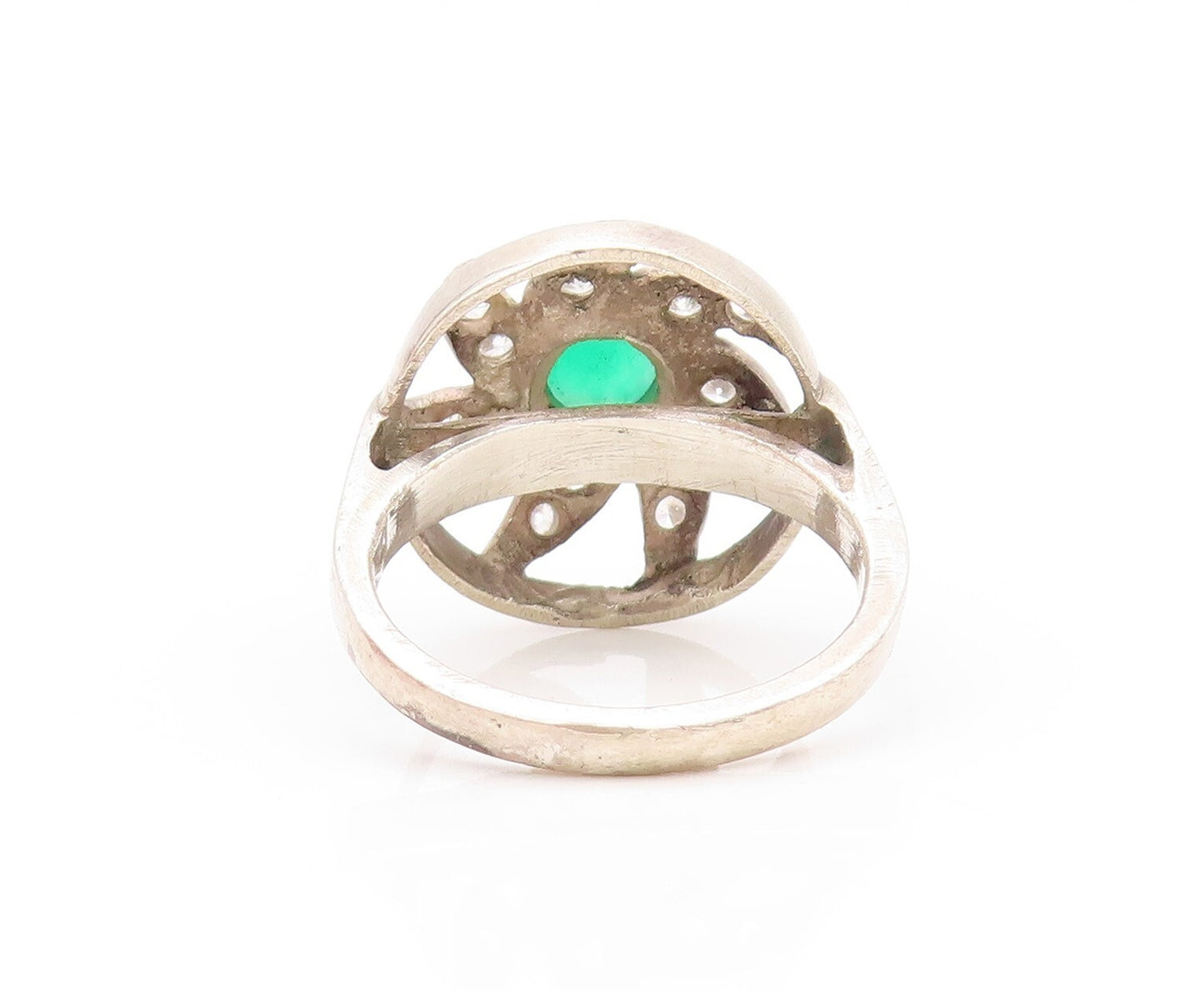925 Sterling Silver Vintage Ring Cutout Jade & Topaz Flower  SZ 9  RG32087