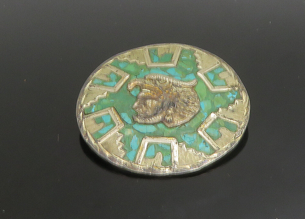 MEXICO 925 Sterling Silver  Vintage Turquoise Warrior Head Brooch Pin  BP9049