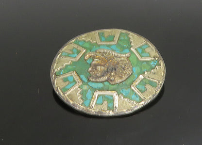 MEXICO 925 Sterling Silver  Vintage Turquoise Warrior Head Brooch Pin  BP9049